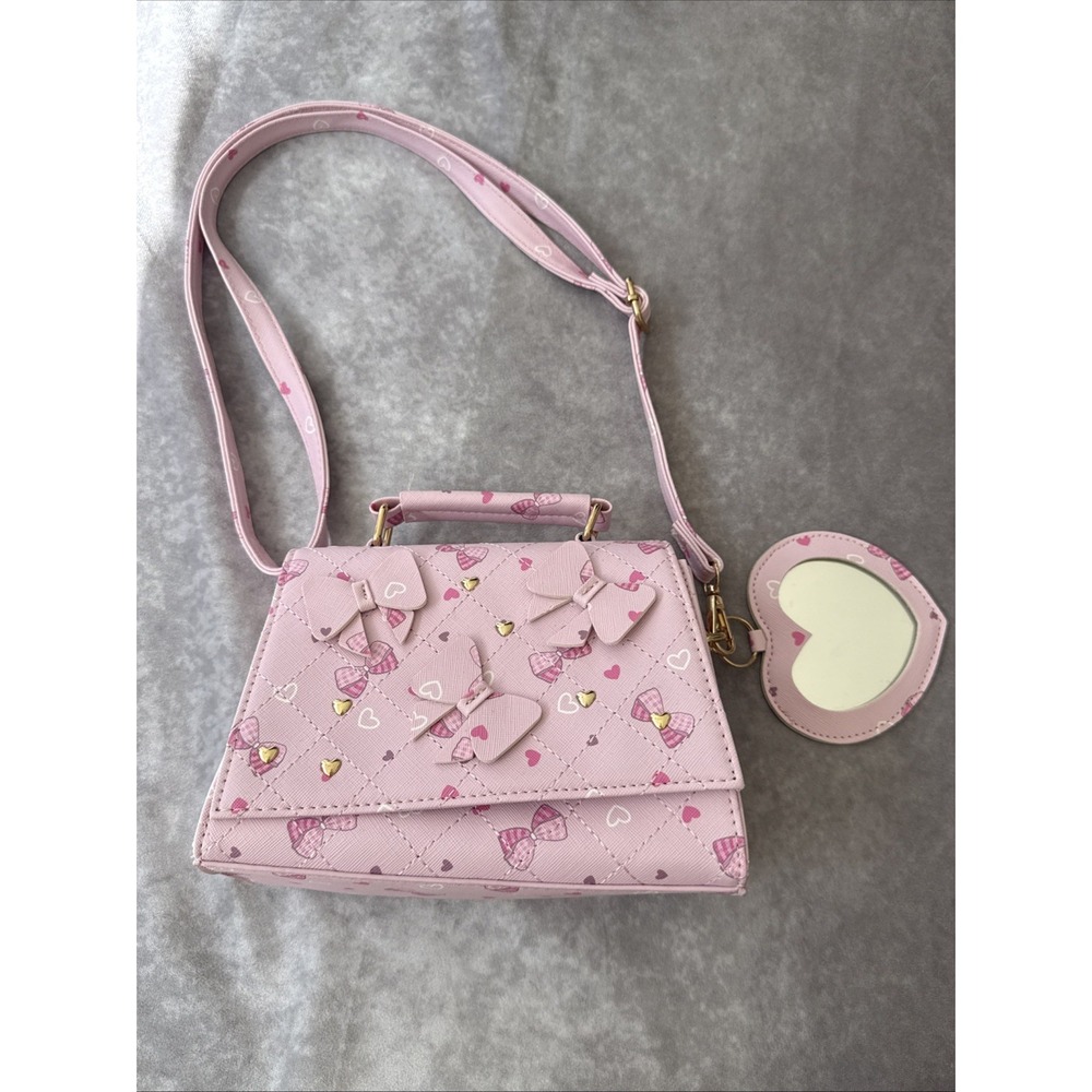Under One Sky Coquette Pink Mini Purse with Bow Accent Pink Hearts & Bows Print